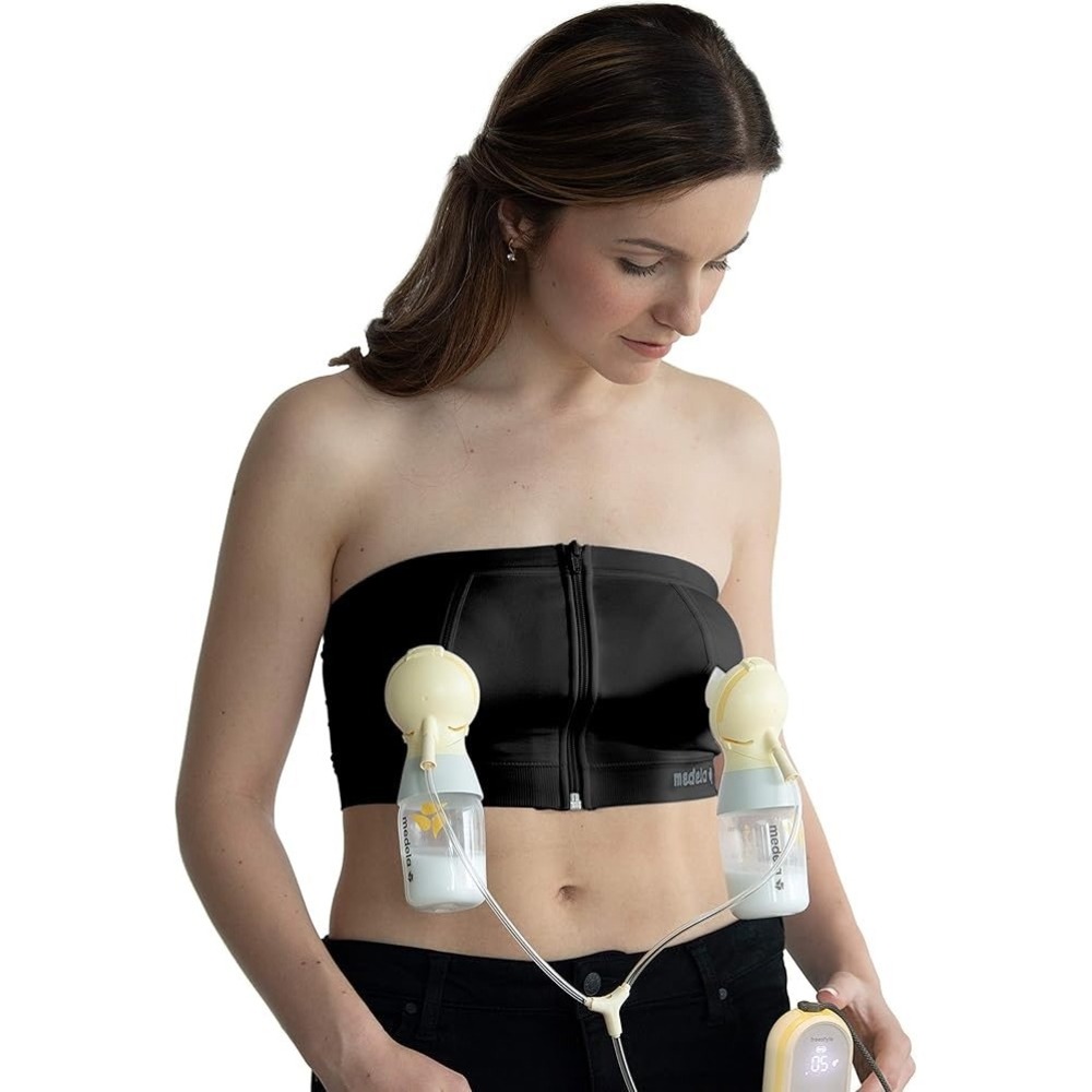 Medela Hands-Free Pumping Bustier Medium Black‎ Front Zip Strapless Nursing Bra